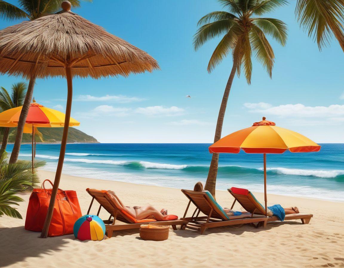 A picturesque beach scene showcasing vibrant summer swimwear designs, featuring a diverse group of fashionable individuals relaxing under colorful umbrellas, surrounded by chic beach accessories like trendy sunglasses, stylish hats, and beach bags. Sunlight sparkles on the ocean waves, creating a warm and inviting atmosphere. Include elements of fun and leisure, like beach balls and surfboards in the background. super-realistic. vibrant colors. summery vibe.